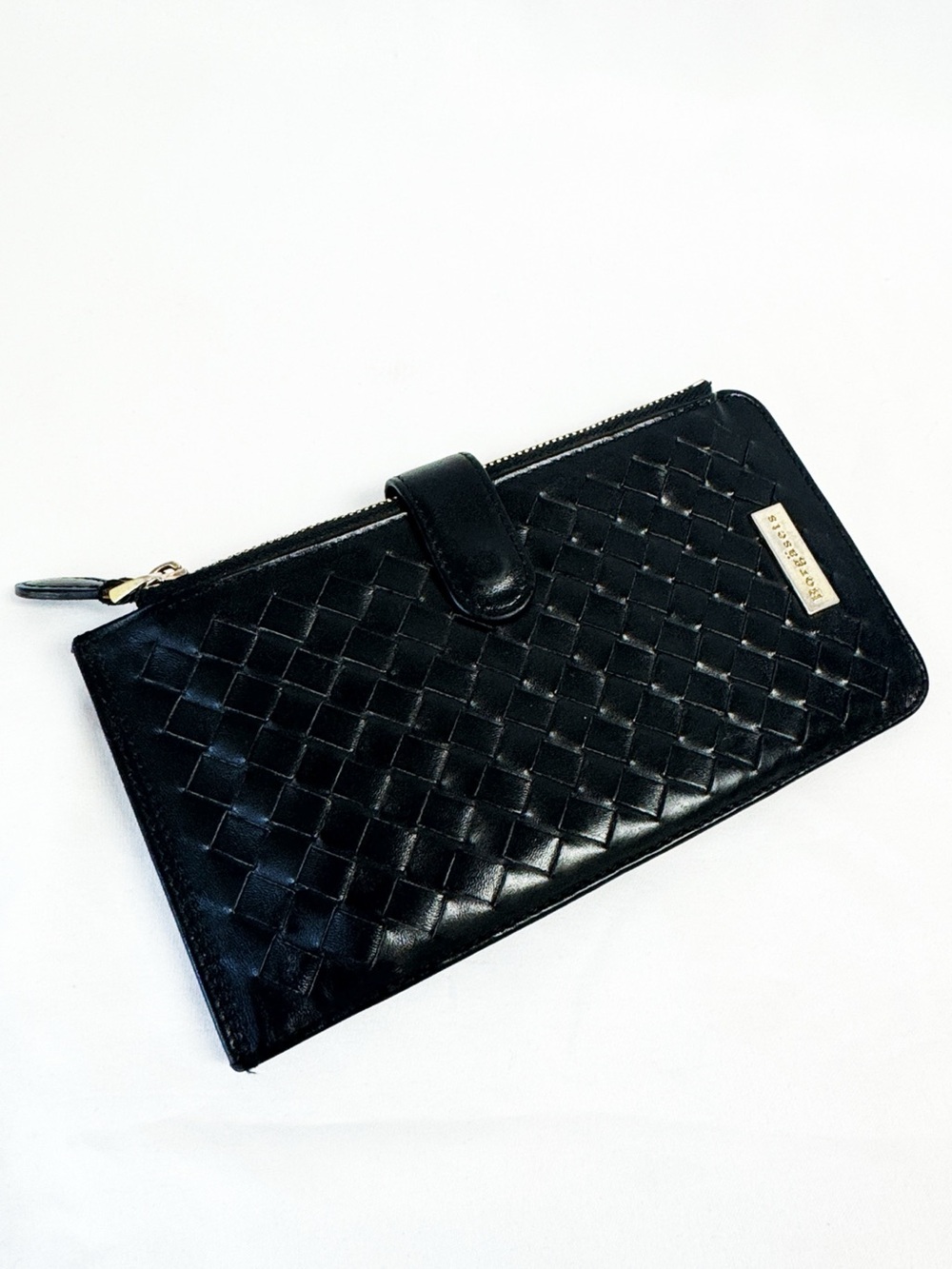 BORGASETS Black Leather Braided, Wallet Double Zipper Pockets Snap Front
